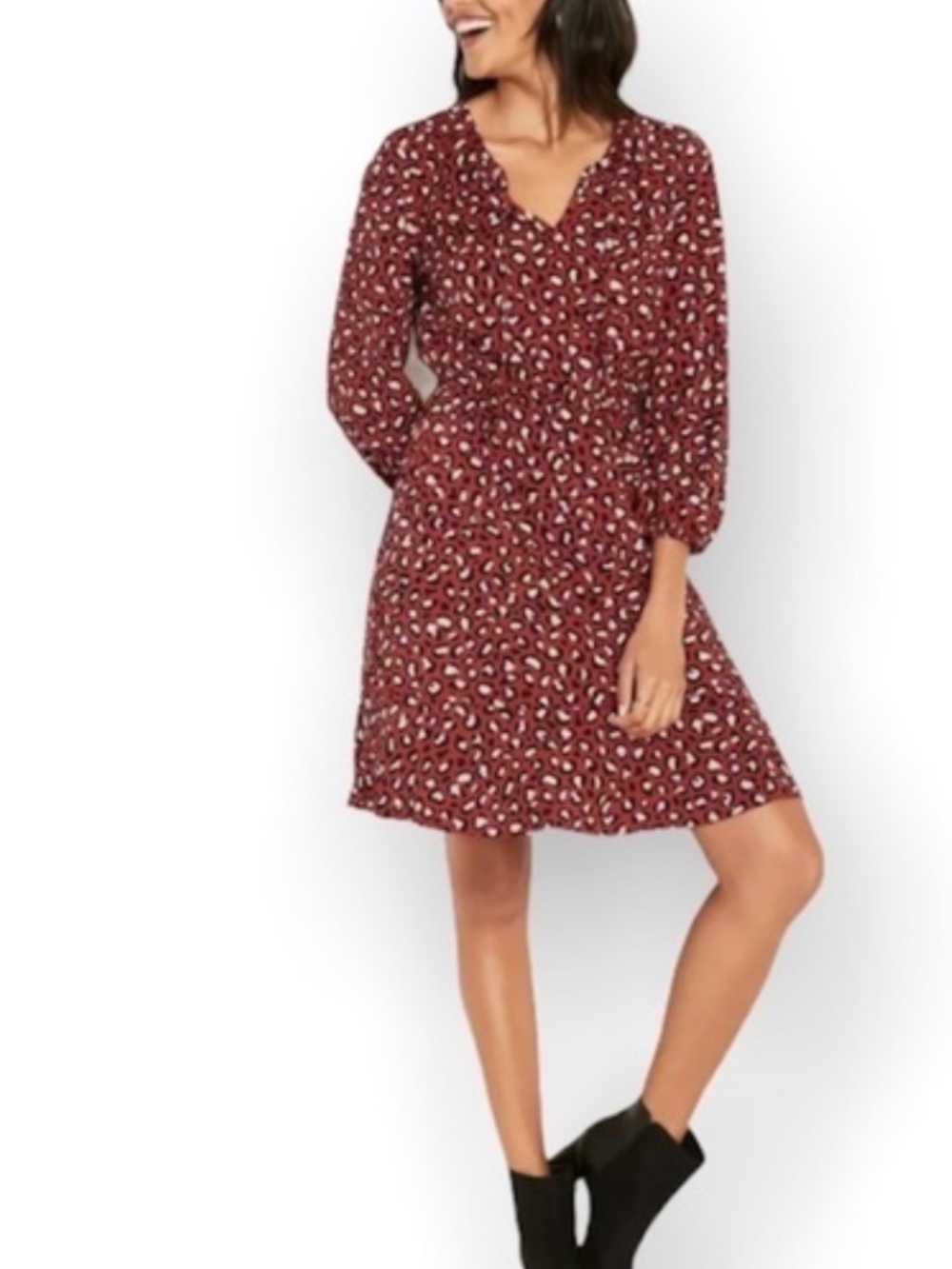 Old Navy Burgundy Leopard-Print Tie-Neck Long Sleeve Dress